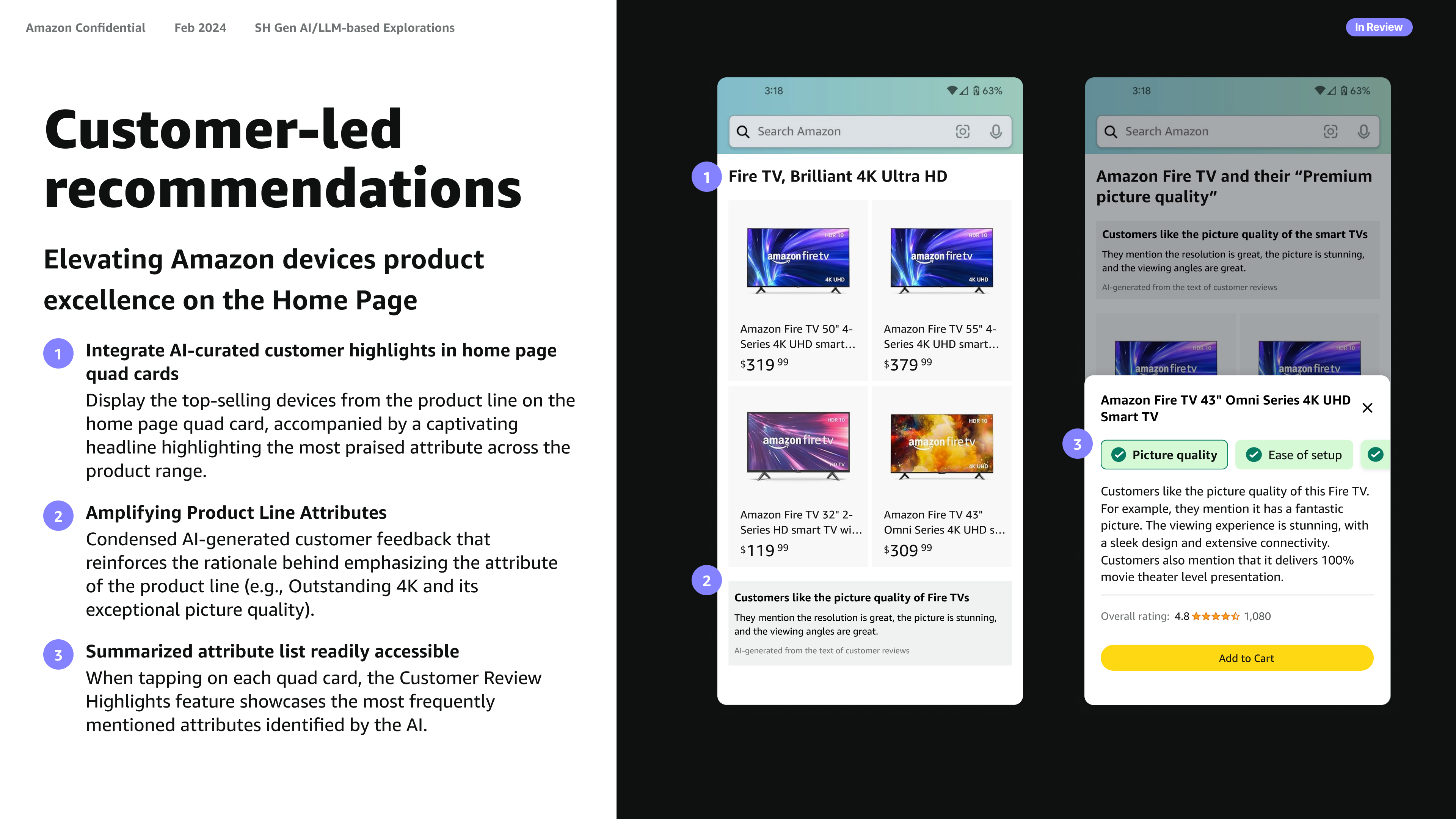 Leadership pitch slide detailing the Homepage Widget concept and AI attribute mapping.