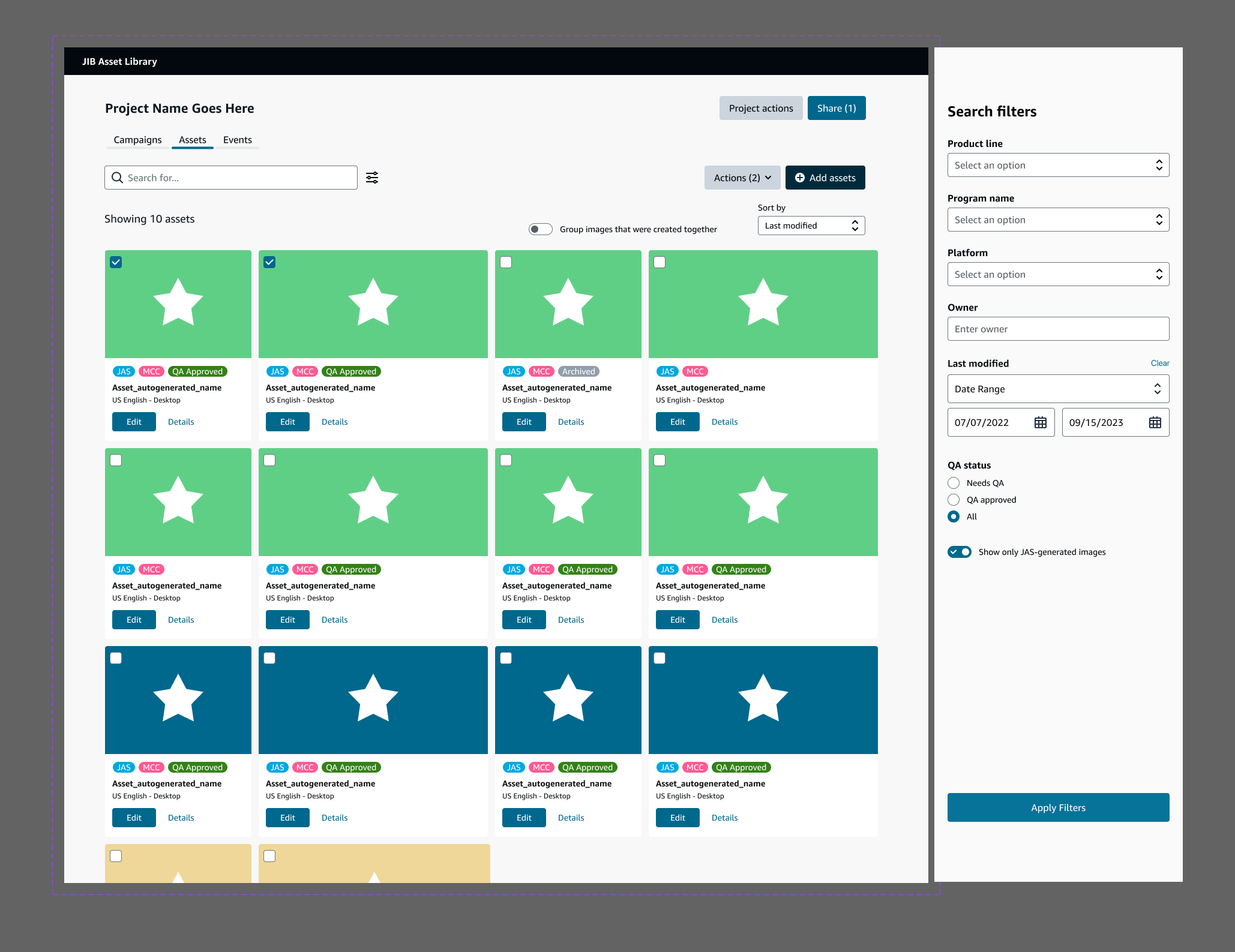 Early exploration. Persistent filters handled volume but mixed asset types without enough distinction.
