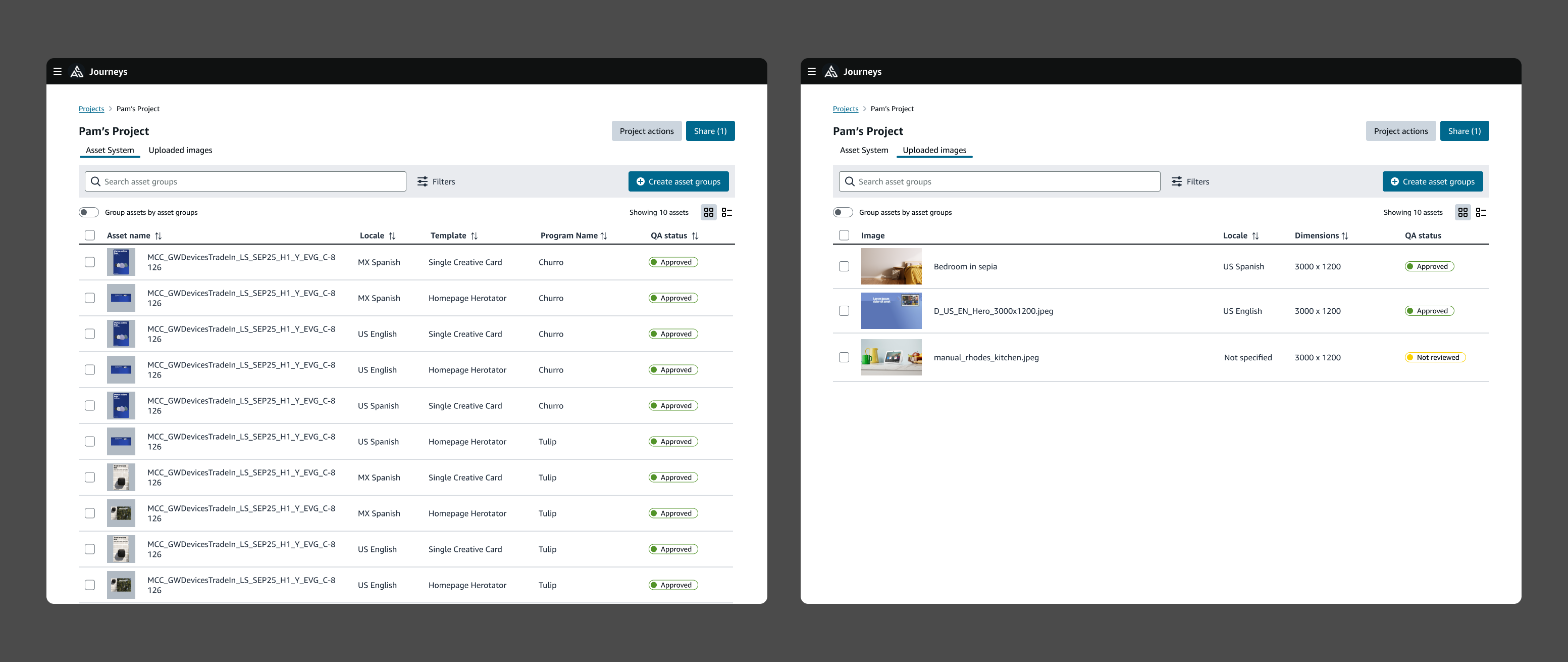 The two-tab architecture. EMEA pushed for the split; mixing asset types forced users to track which rules applied when.
