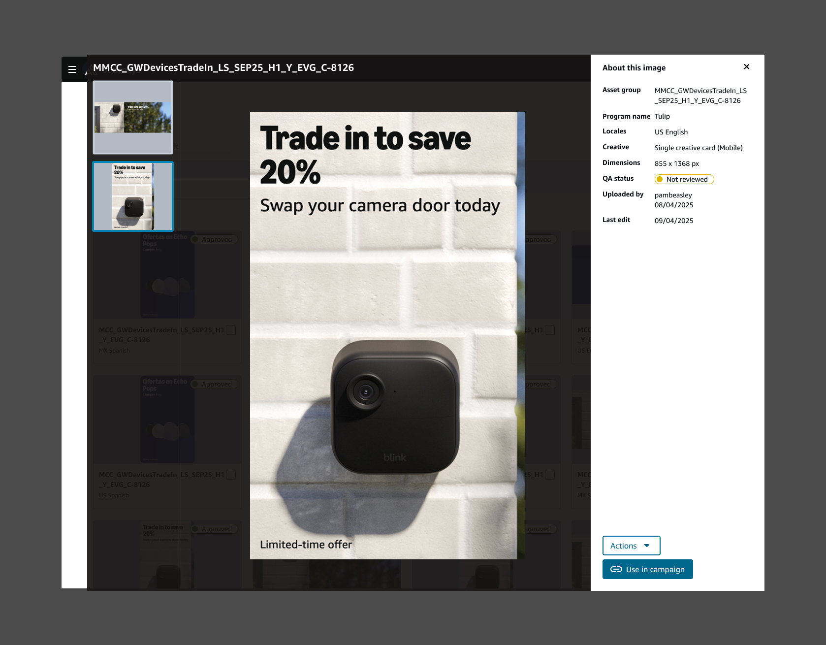 Click an image, see everything: program, locales, dimensions, QA status, edit history. Actions live in the same view.