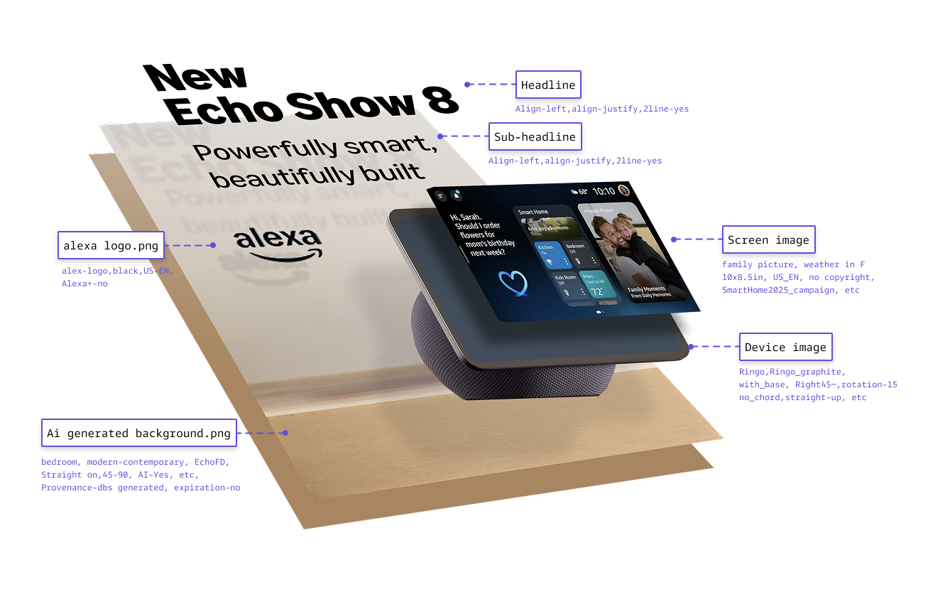 Every layer carries structured metadata. The device knows its product family. The background knows its environment type. The screen knows its campaign.