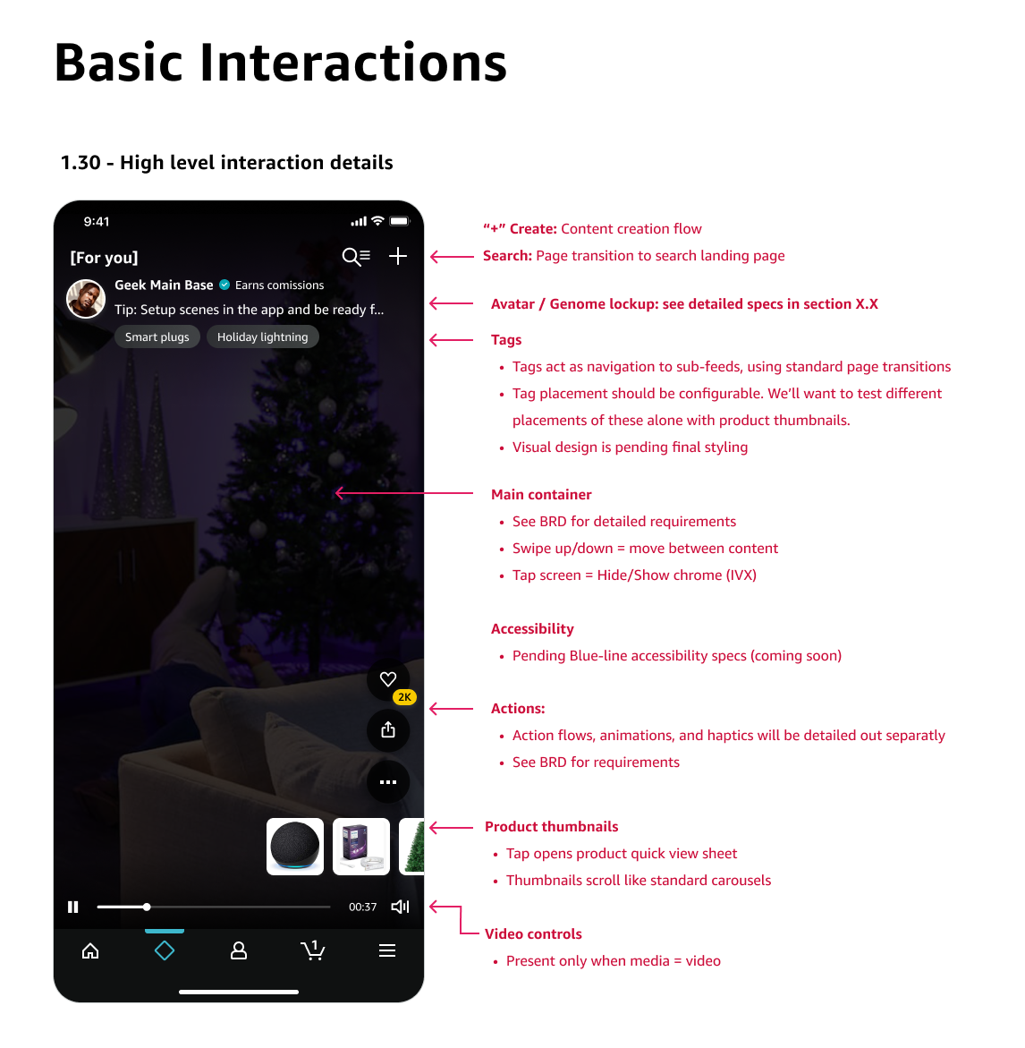 Basic interactions spec: component anatomy, gesture map, and chrome behavior for the main feed view.