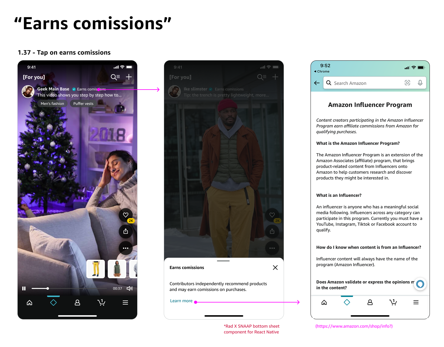 Earns Commissions disclosure flow: trigger, bottom sheet, and handoff to Amazon Influencer Program.