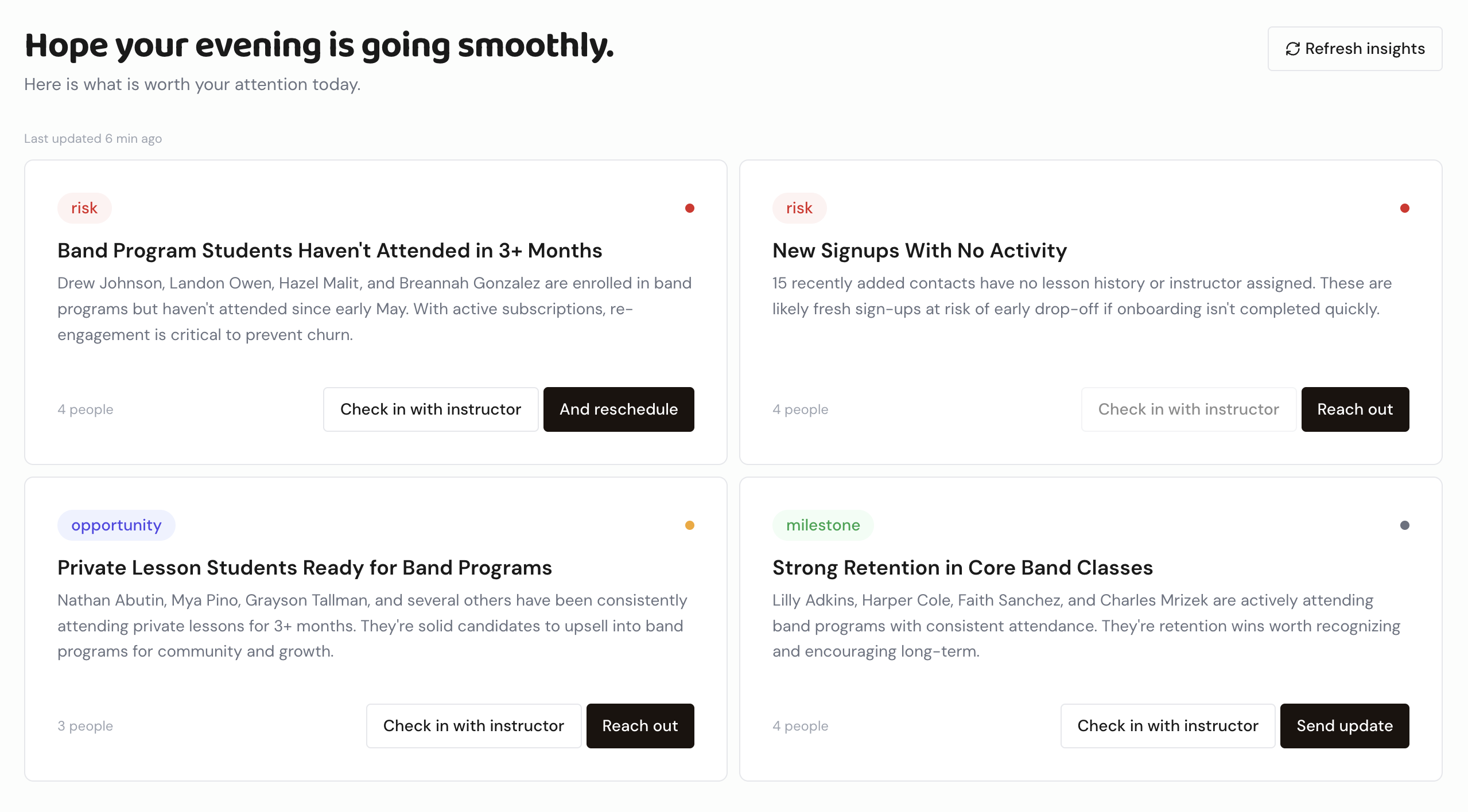 A priority feed that turns attendance, billing, and notes into visible follow-up moments.