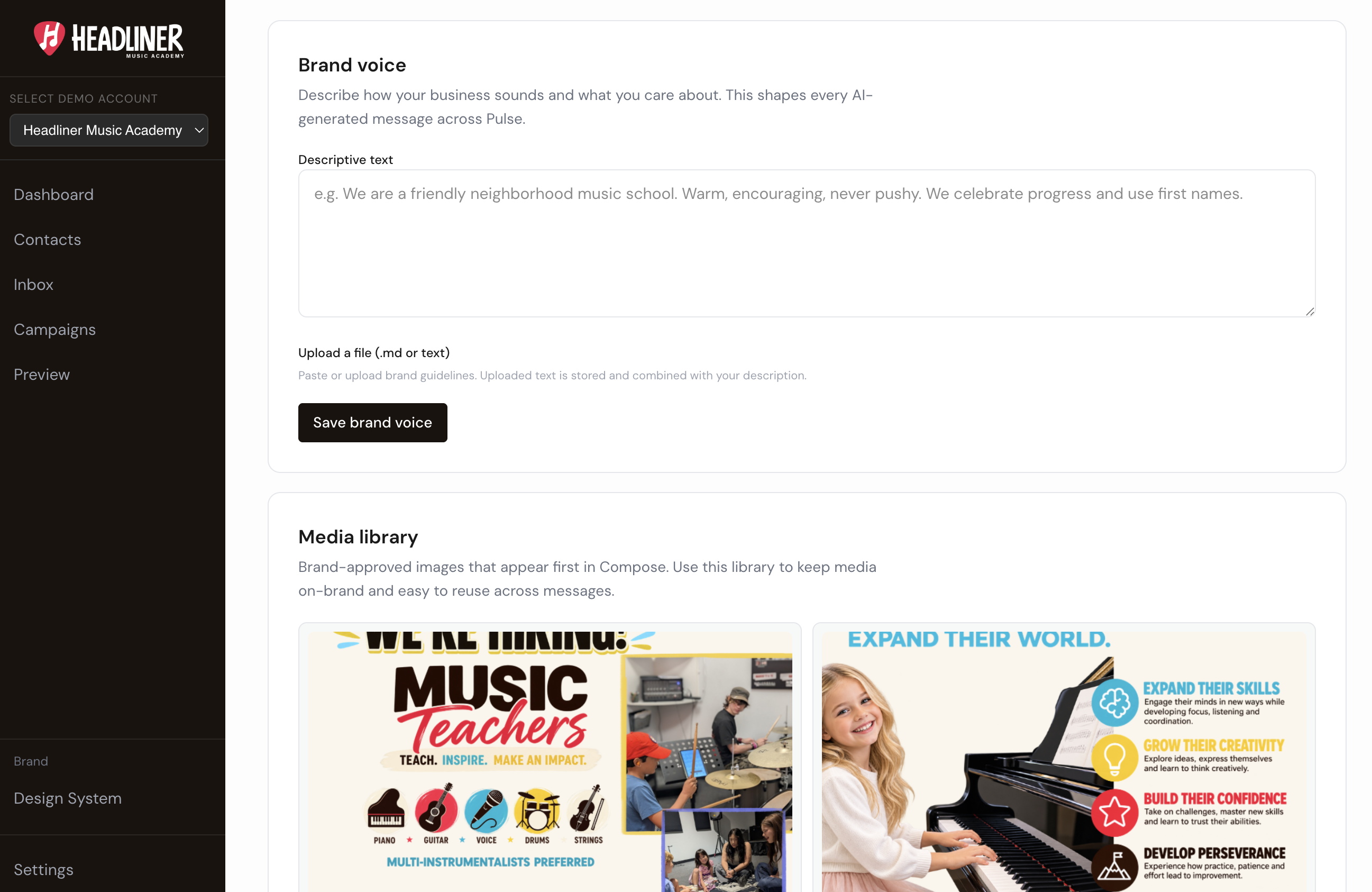 Teach Hey Cohen how your business sounds. Set brand voice preferences, upload approved images, and let the AI polish language so outgoing content stays consistent with how you want to communicate.