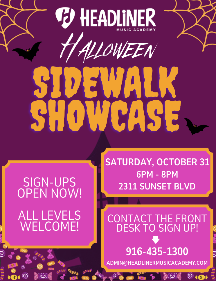 Halloween Sidewalk Showcase flyer. October 31, 6–8 PM, at 2311 Sunset Blvd. All levels welcome. Contact the front desk to sign up.