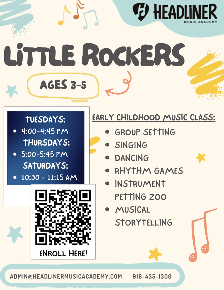 Little Rockers music classes for ages 3–5. Tuesdays 4–4:45 PM, Thursdays 5–5:45 PM, and Saturdays 10:30–11:15 AM.