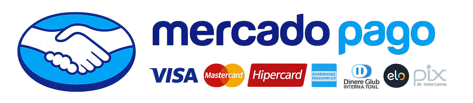 Formas de pagamento: Visa, Mastercard, Elo, American Express, Hipercard, Pix e Boleto