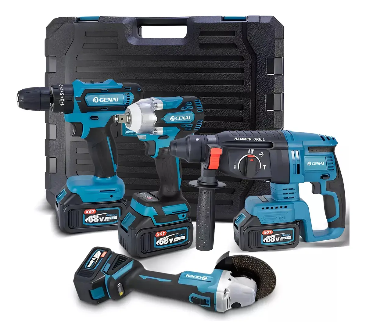 Kit 4 ferramentas sem fio Genai com martelete, esmerilhadeira, furadeira e parafusadeira