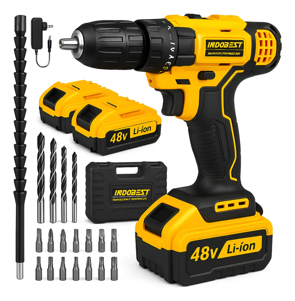 Parafusadeira furadeira sem fio 48V com 2 baterias em fundo branco