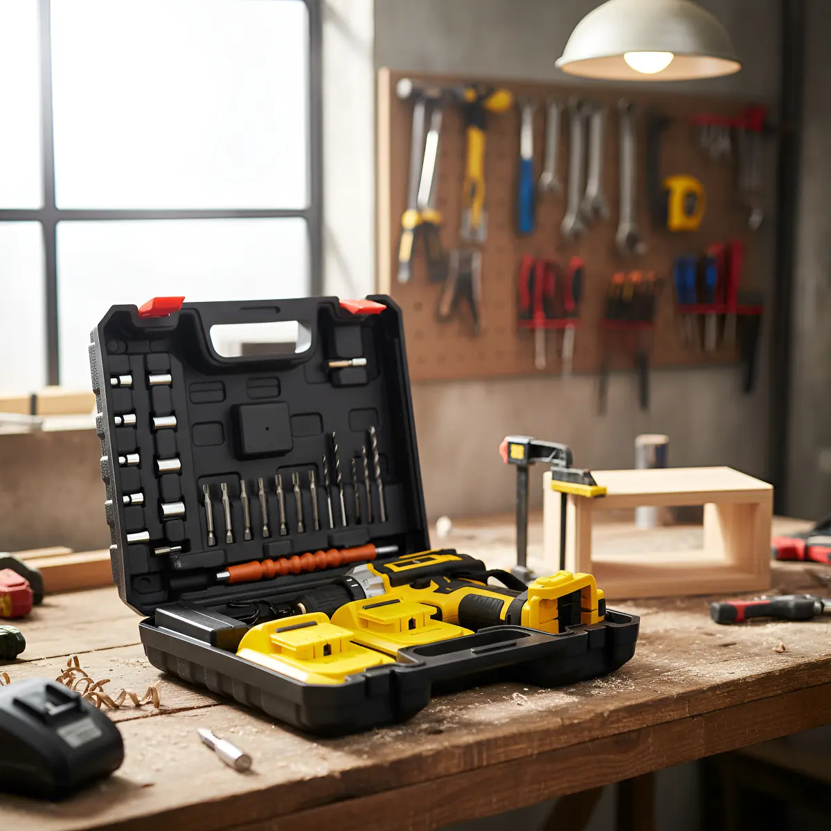 Kit da parafusadeira com maleta e acessórios em bancada