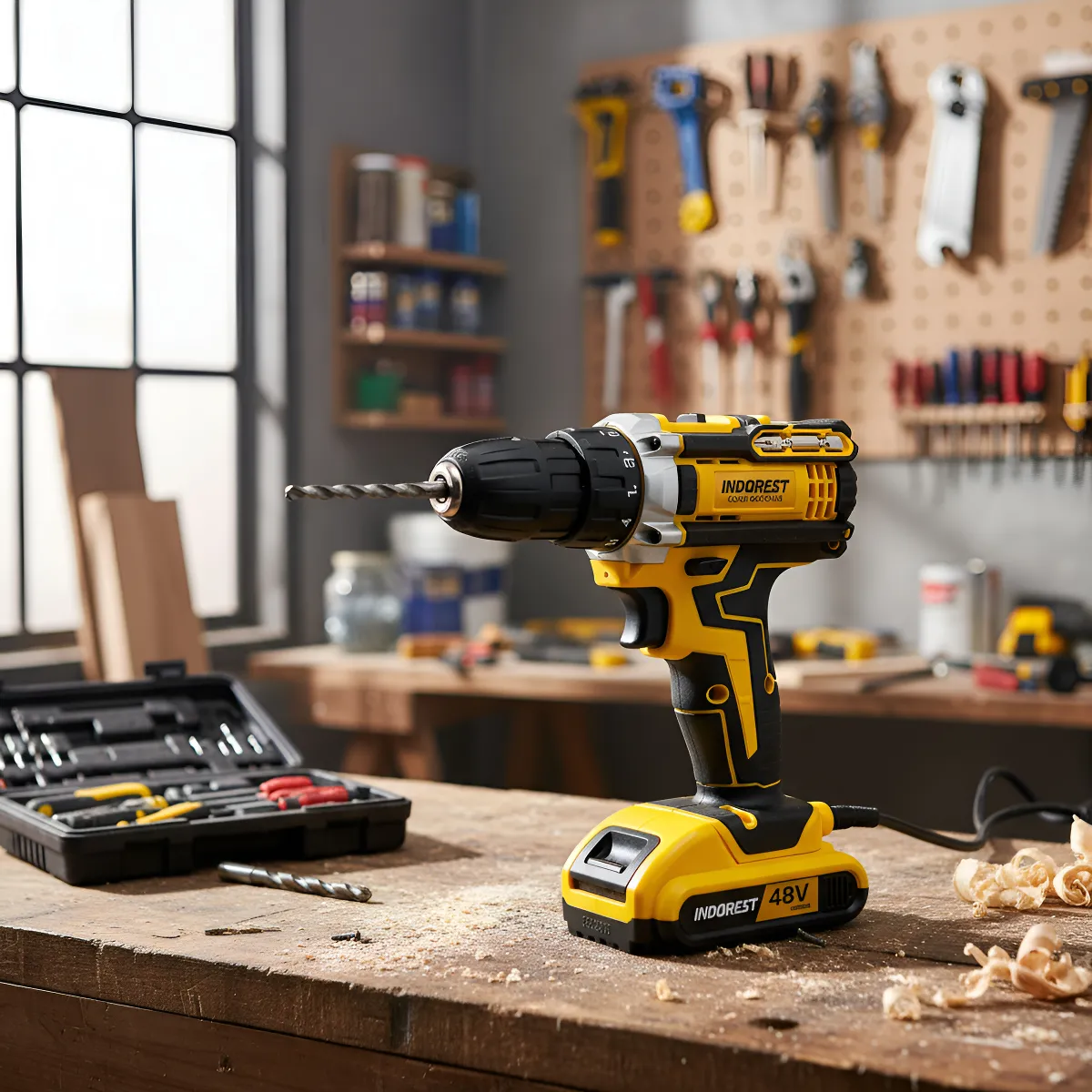 Parafusadeira posicionada sobre bancada de trabalho