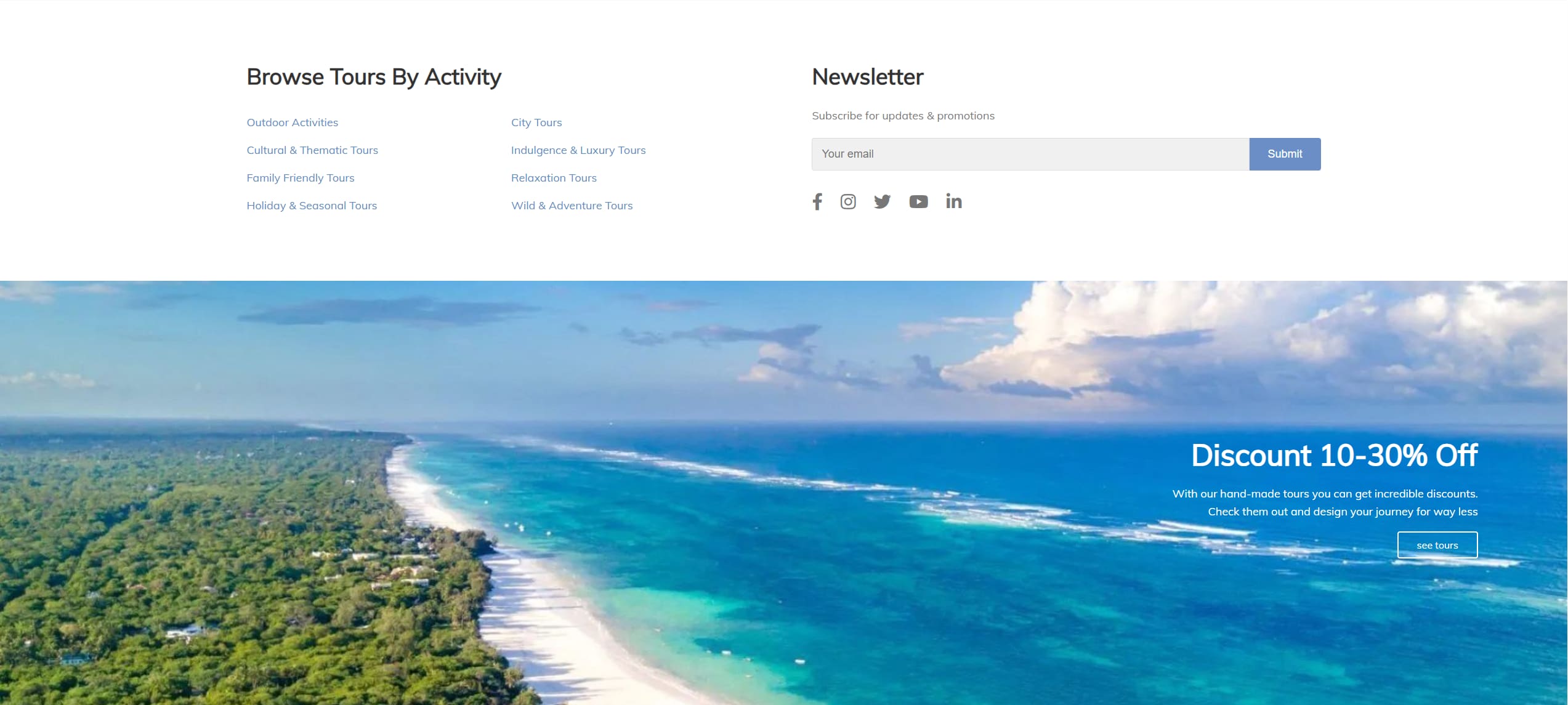 Quick Browse, Newsletter Form, and Discount CTA