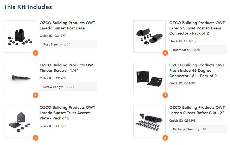 OZCO Corner Pergola Kit components