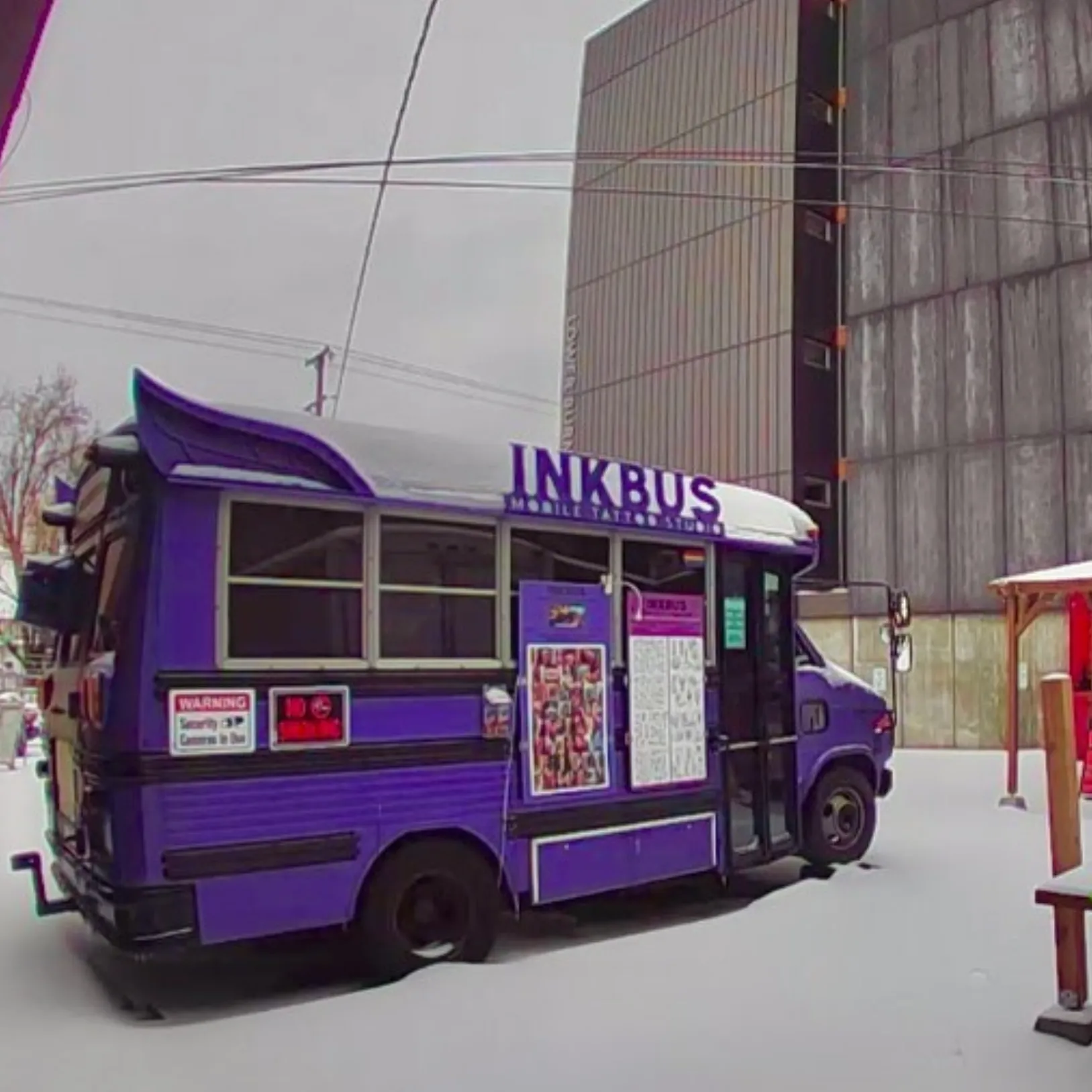 The original INKBUS, India, parked at the old Rainbow City, Portland, OR -- plus snow!