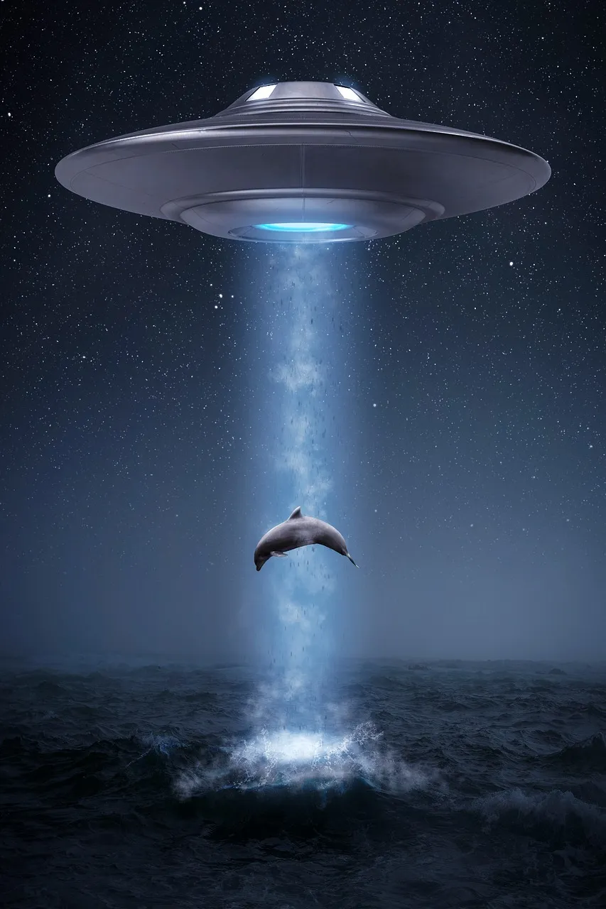 A UFO abducting a dolphin from the ocean