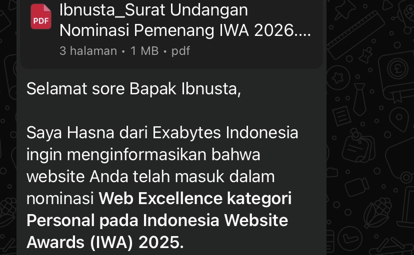 Screenshot Pesan WhatsApp Undangan Indonesia Website Awards dari Exabytes untuk Ibnusta.com