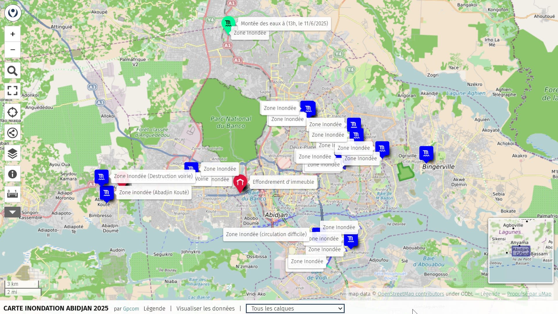 Carte communautaire des zones inondables à Abidjan, saison 2025