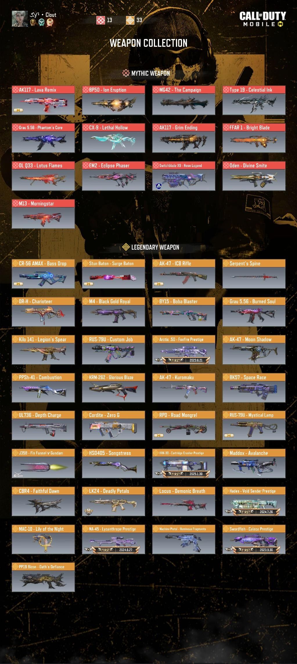 Call of Duty Mobile Account - [Level 400] 10 CP Spins | 14 Mythic & 36 Legendary Skins | 13 Mythic Weapons | Mythic Sophia | Mythic Snipers | Leggy Soldiers | 1000 Epics | Full Access
