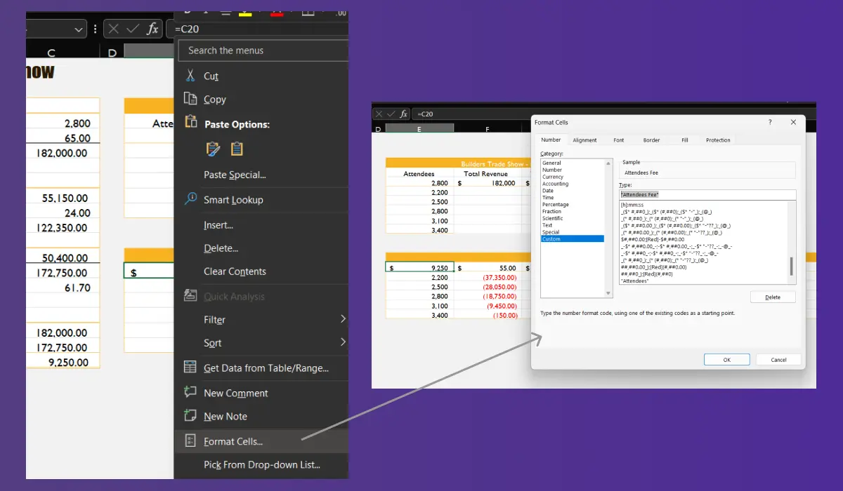 apply custom format to display text in cell
