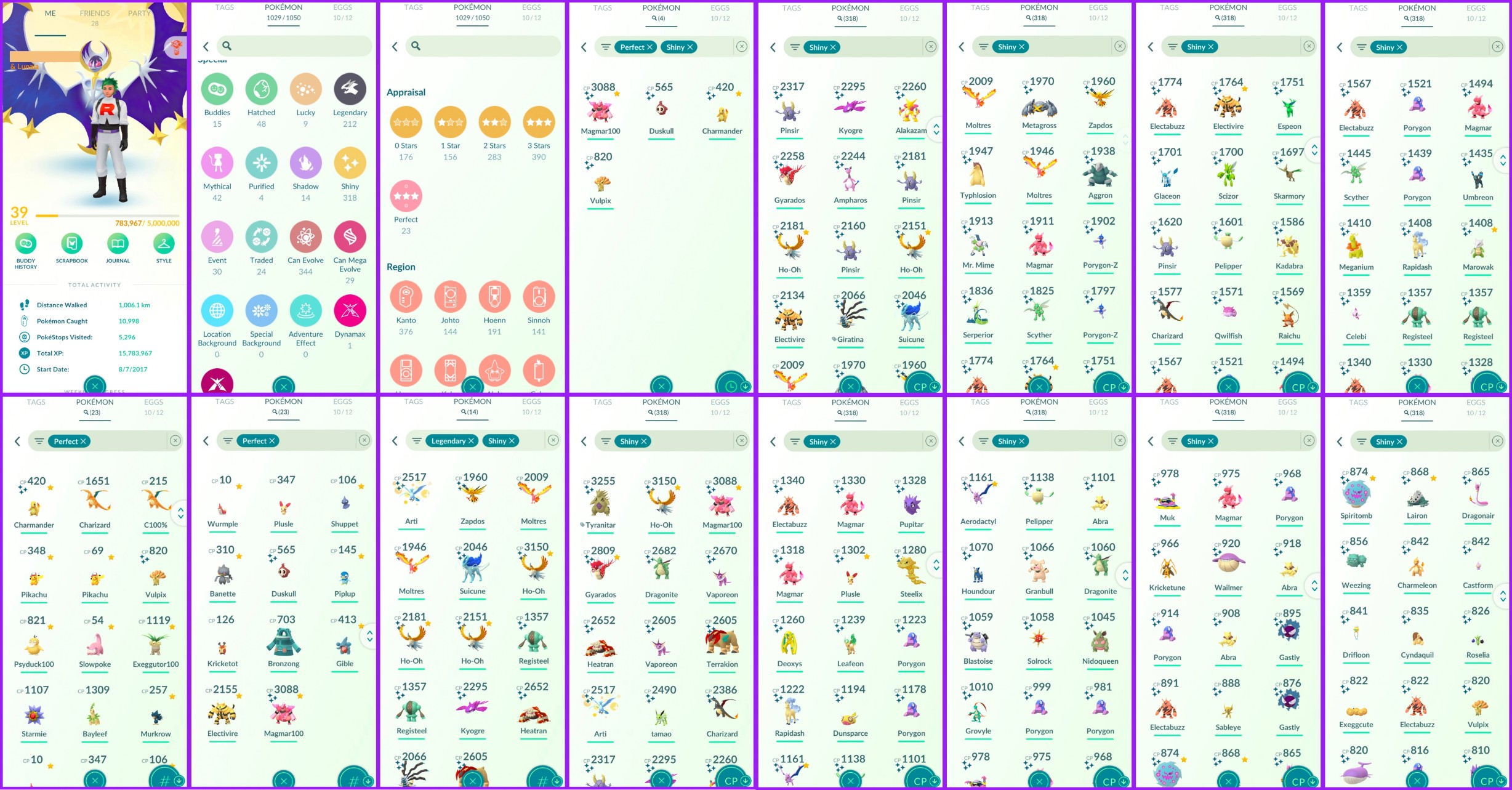 Level 39(Instinct)⭐1029/1050⭐318 Shiny⭐212 Legendary⭐23 Hundo⭐12x 3000+ CP⭐14 Legendary&Shiny⭐9 Lucky⭐42 Mythical⭐14 Shadow⭐Item 450/450⭐772K Dust⭐Instant