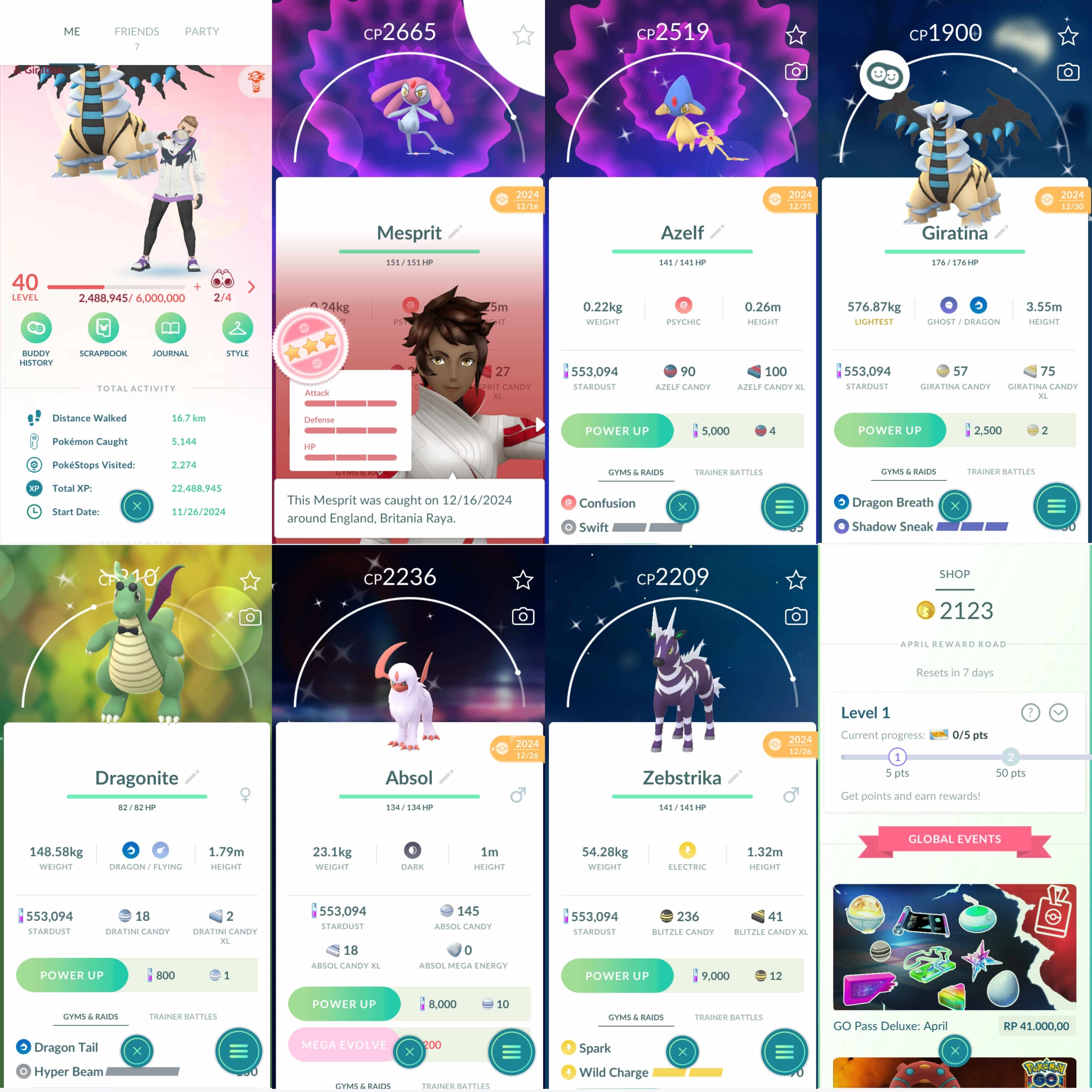 Pokemon Go Account – 1573 LV40
Coin2123
Giratina100
Mesprit100
Azelf100
Shiny: giratina, fashion Dragonite, azelf, absol, zebstrika, drapion, shinx, eevee, swirlix, vanillite