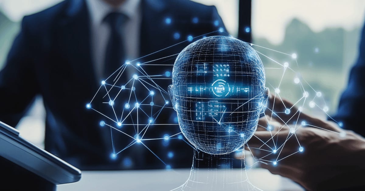 A futuristic hologram of an artificial head with digital connections, projected onto a table in a professional setting.