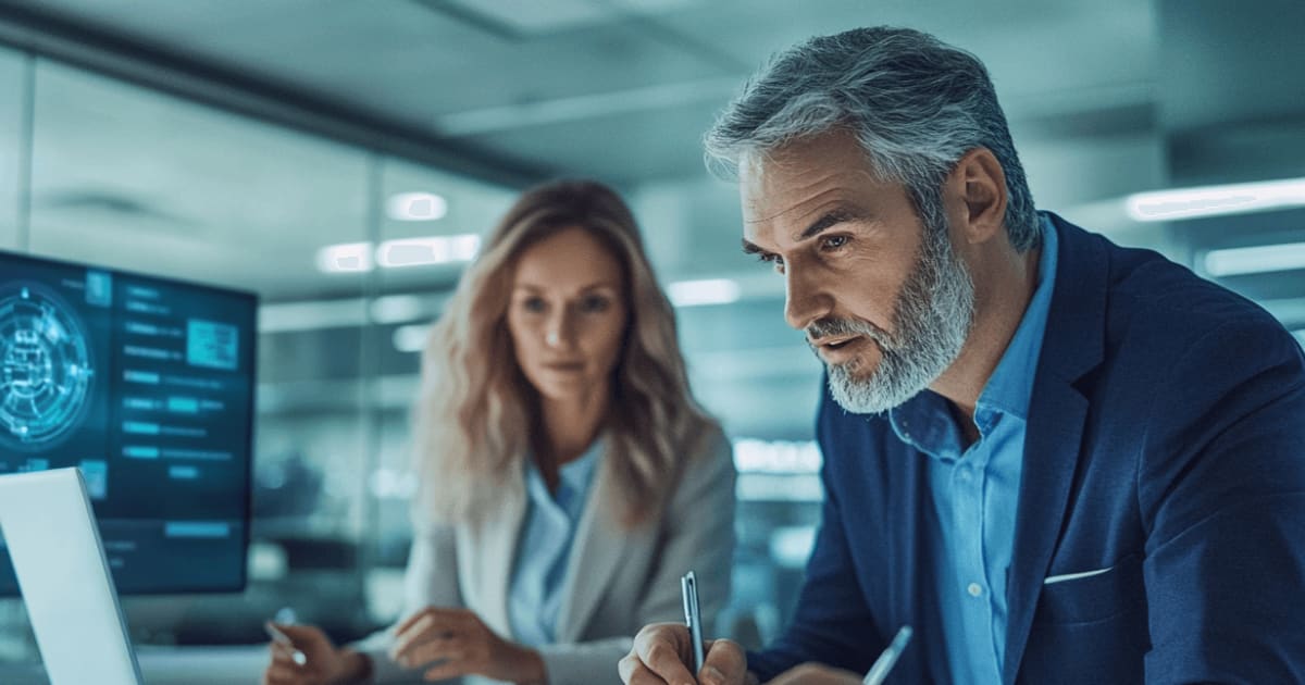 A gray-haired man in a suit carefully examining data on a futuristic digital interface, with a female colleague slightly out of focus in the background.