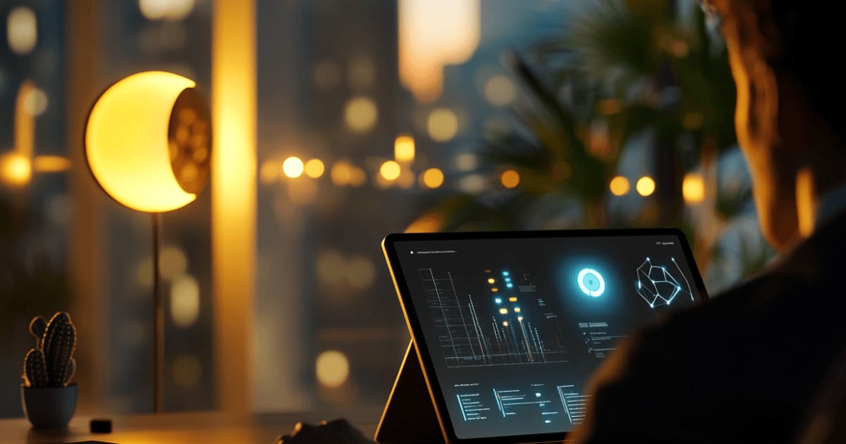 A man looks at a tablet screen displaying analytical data in a dimly lit nighttime setting.
