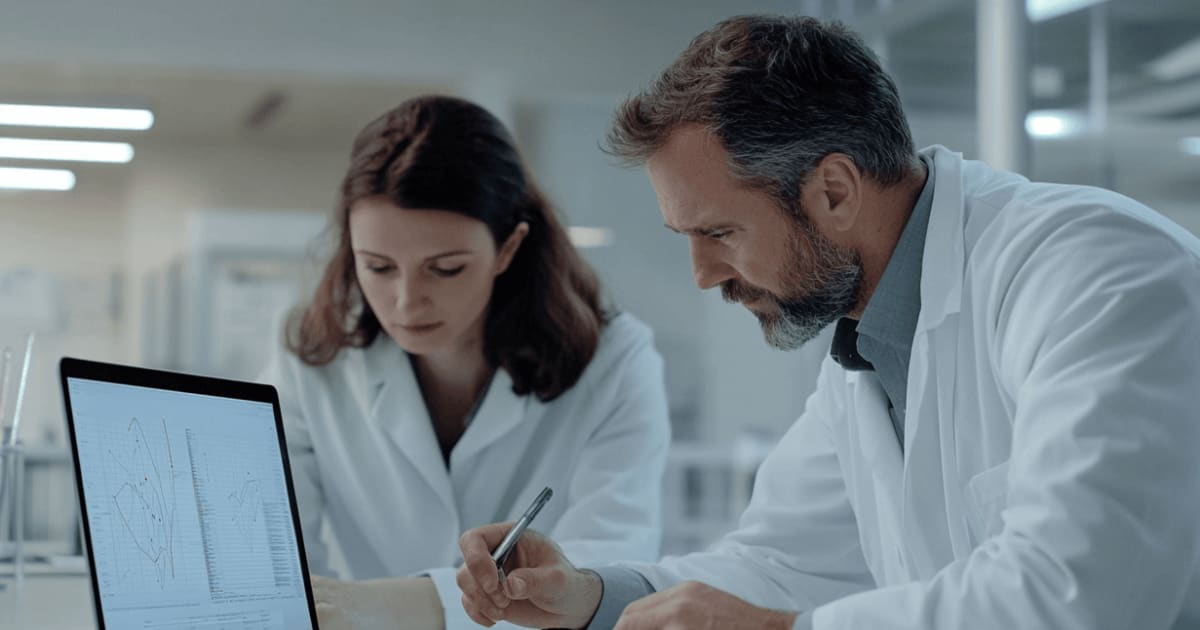 Two scientists in lab coats analyze graphs on a laptop in a laboratory.