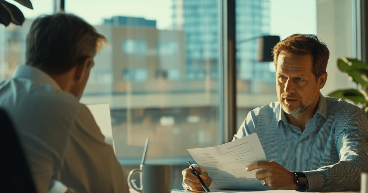 Two business professionals in a modern office, discussing a document with sunlight streaming through large windows.
