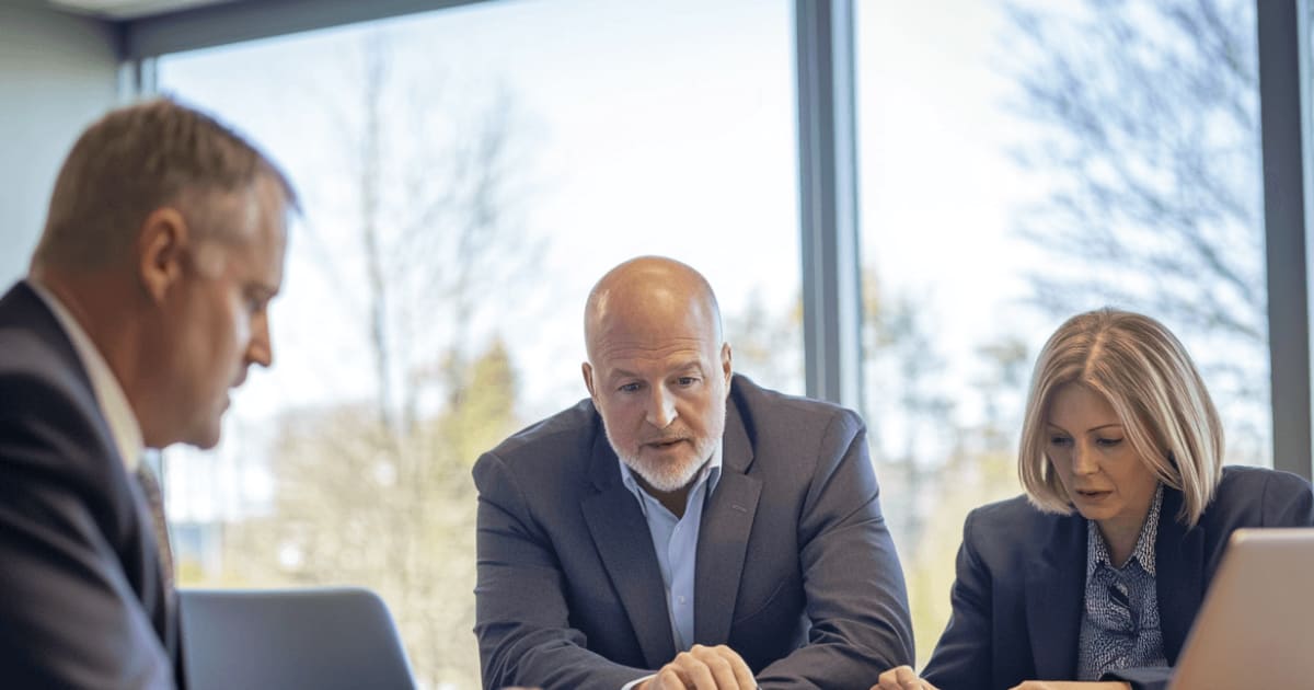 Three business executives in suits are engaged in a discussion around a wooden conference table, reviewing documents and a laptop. A large window lets in natural light, with trees visible in the background.