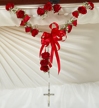 Small Rosary with Red Spray Roses Flower Bouquet