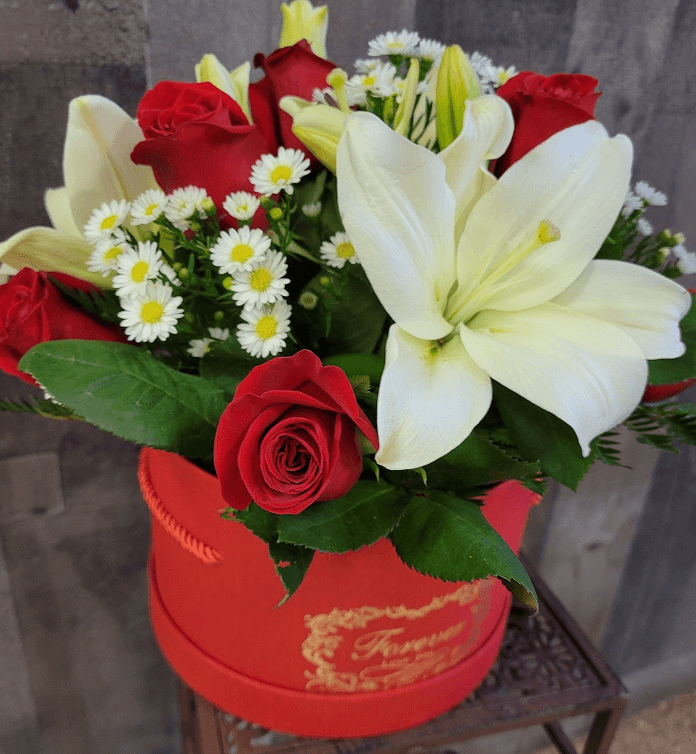 Dozen Red Rose w/ lily and aster in Forever Round Box Flower Delivery