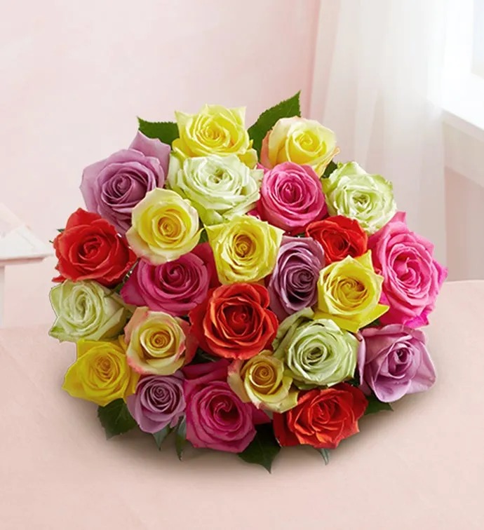 Congratulations Assorted Roses, 24 Stems with Clear Vase, Bear & Chocolate by 1-800 Flowers