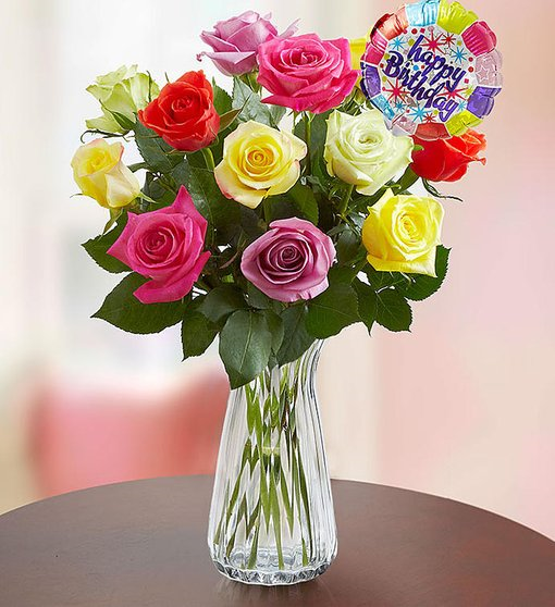 Conversation Roses Happy Birthday 24 Stems with Pink Vase by 1-800 Flowers