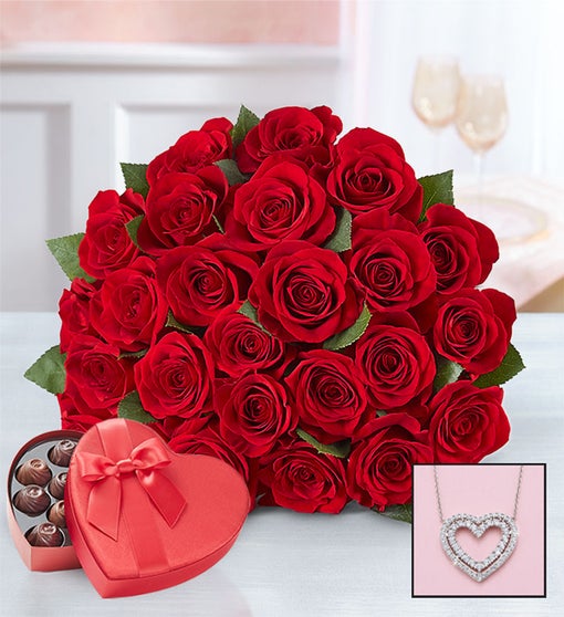 Romantic Red Roses with Heart Necklace