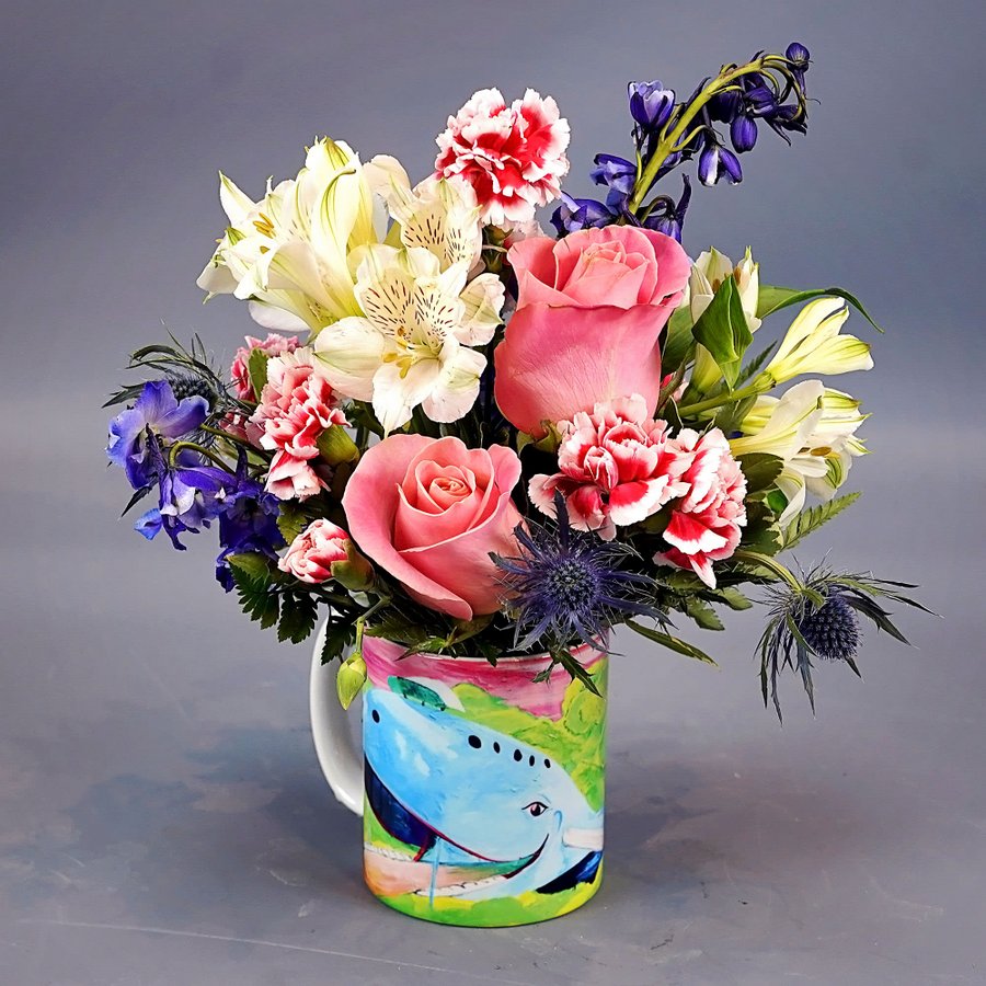 Blue Whale Coffee Mug featuring artist Kely Kingsley in Jenks, OK Rathbone's Flair Flowers