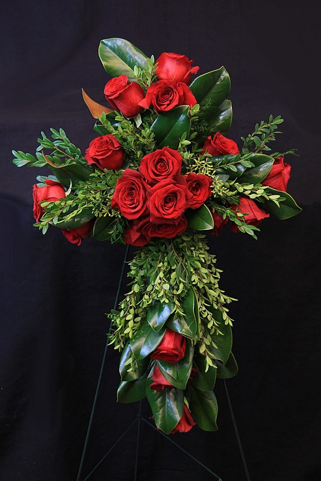 Red Rose Cross Standing Spray Daylily Floral Cascade