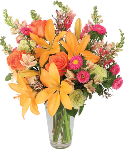Sunset Lilies & Roses Flower Arrangement | Just Because | Flower Shop ...