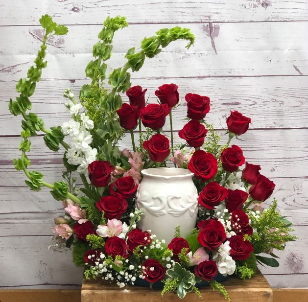 Red Rose Pink and Yellow Urn Wreath flowers delivery local florist  Edwardsville IL Collinsville IL