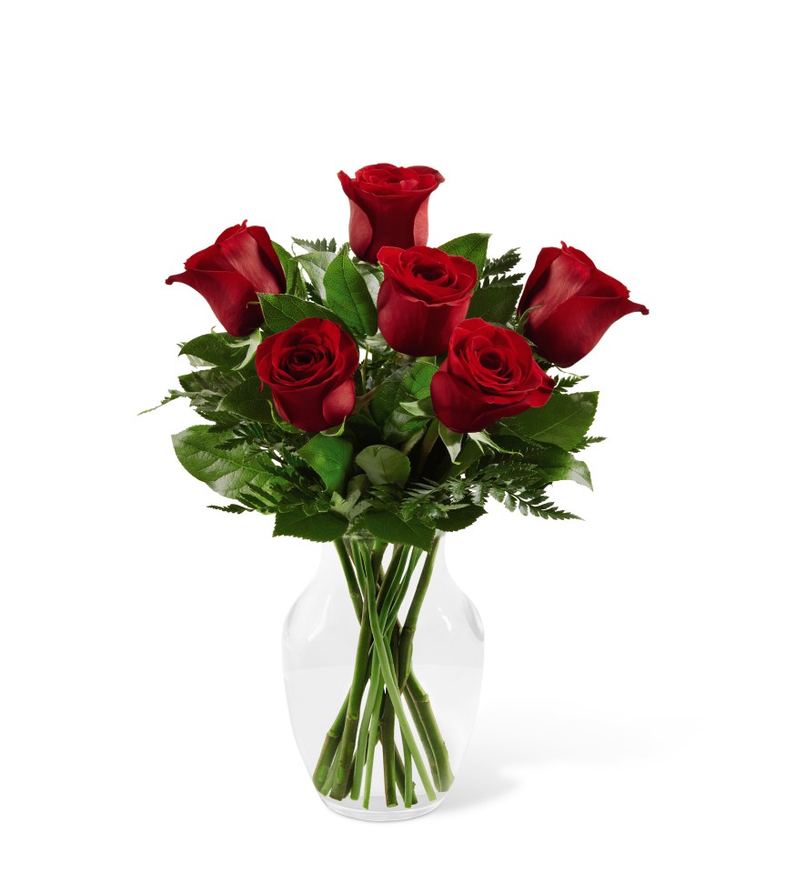 Classic Romance Valentine's Day Rose Bouquet - 6 Stems - VASE INCLUDED