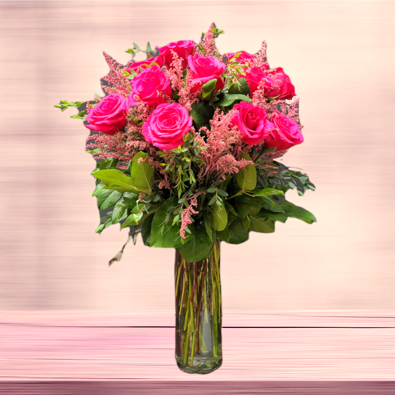 HOT PINK ROSES IN CLEAR VASE Flower Delivery Las Vegas NV Vegas Rose