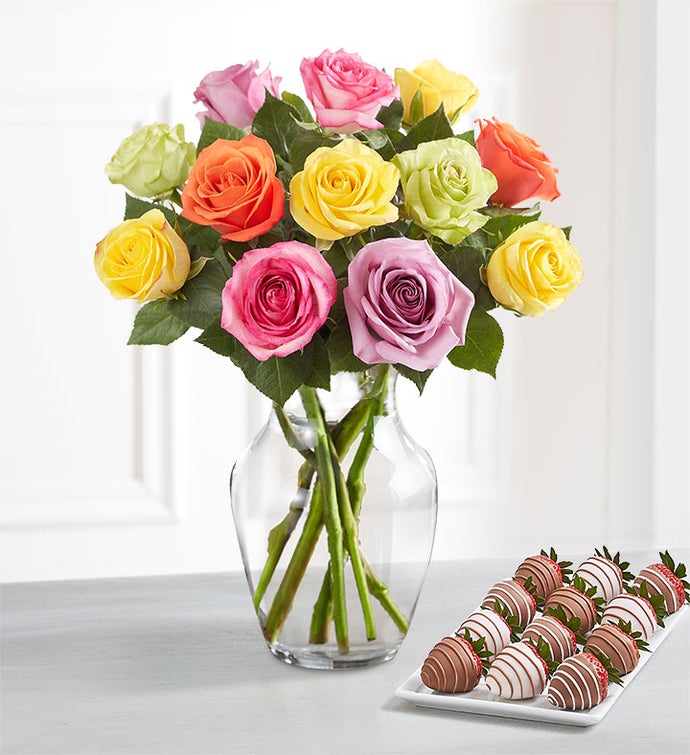 Deliciously Decadent™ Assorted Roses & Drizzled Strawberries