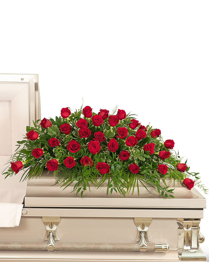 Majestic Red Casket Spray Of Funeral Flowers Flower Delivery
