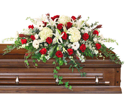 Majestic Red Casket Spray Of Funeral Flowers Flower Delivery Worthington &  Powell OH - Milano's UpTowne Florist