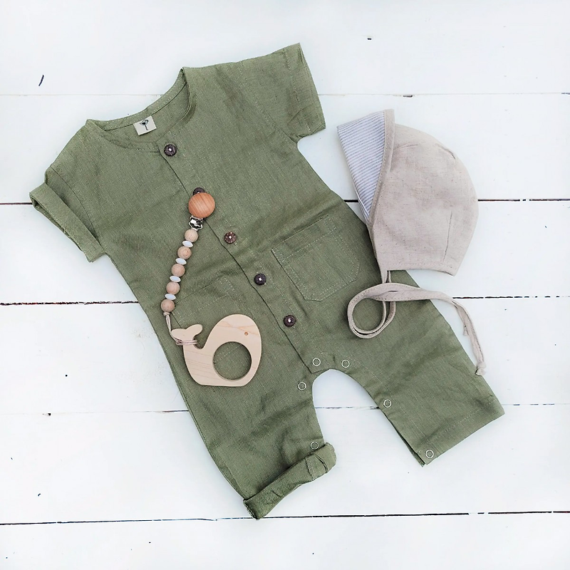 Baby boys linen Romper Jumpsuit button front boho Julius Olive