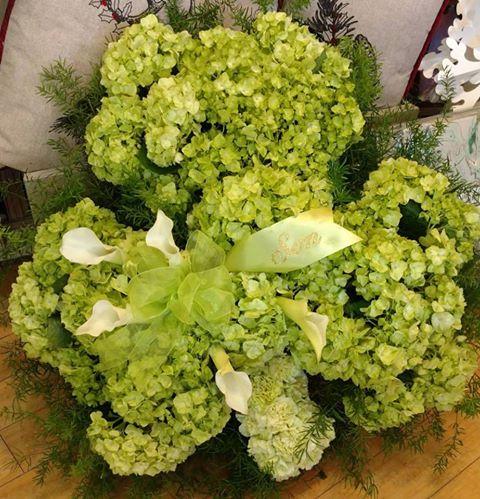 Hydrangea Shamrock custom Irish funeral floral tribute by Reynolds Flowers for Bridgewater Massachusetts
