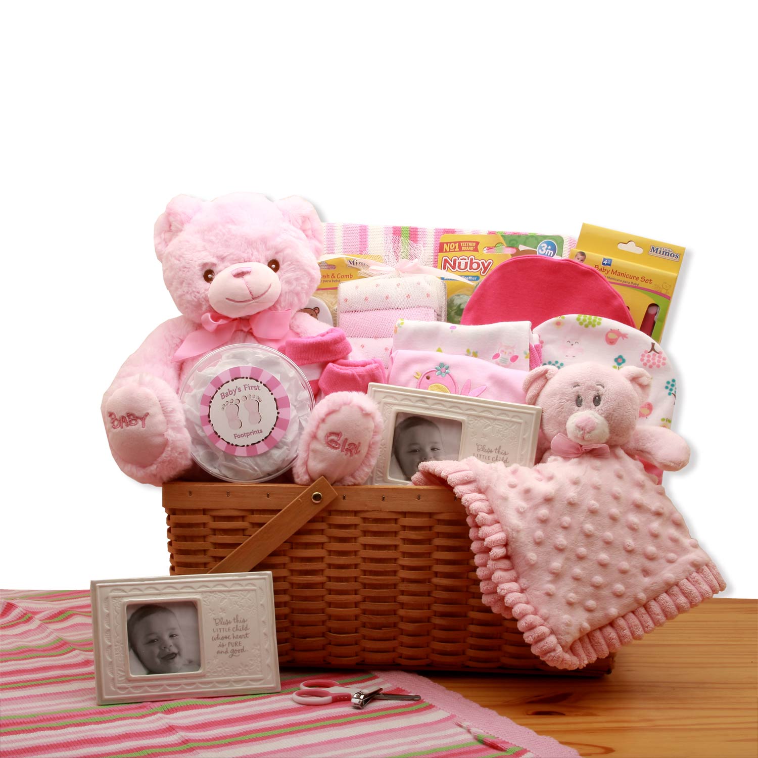 My First Teddy Bear New Baby Gift Basket Pink Flower Delivery