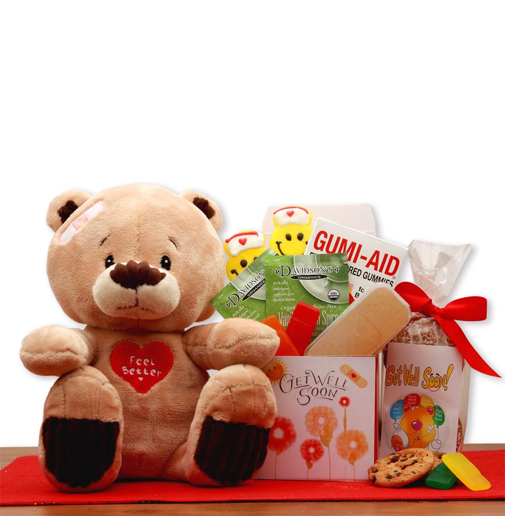 Get Well Teddy and Flowers - Gift Basket